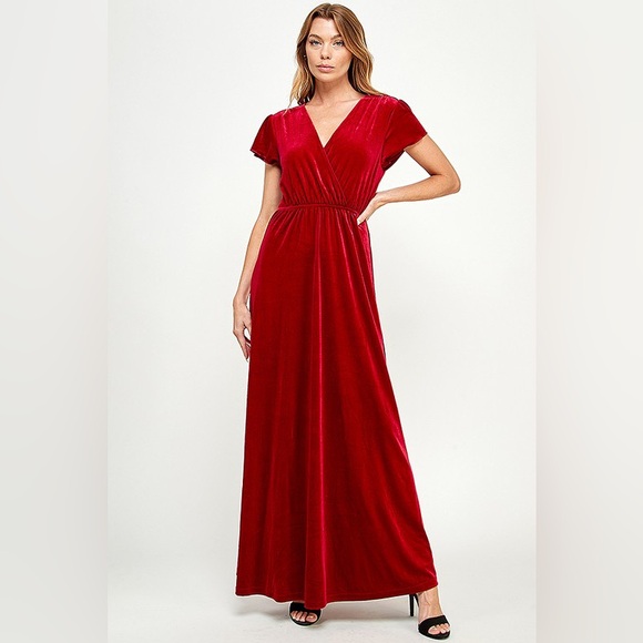 Velvet Maxi Dress Flutter Sleeve Formal V Neck Long Gown Red NWT - Picture 2 of 8
